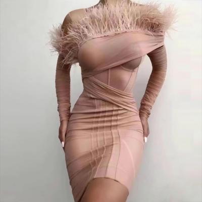 China 2021 New Anti-static Winter Women's Dress 2021 New Women's Feather Bandage Fur Mesh Pink Bodycon Party Feather Brithday Dress F2438 for sale