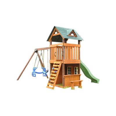 China Sturdy Construction Children's Playhouses Wooden Outdoor Playhouse Playhouse With Slide And Swing for sale