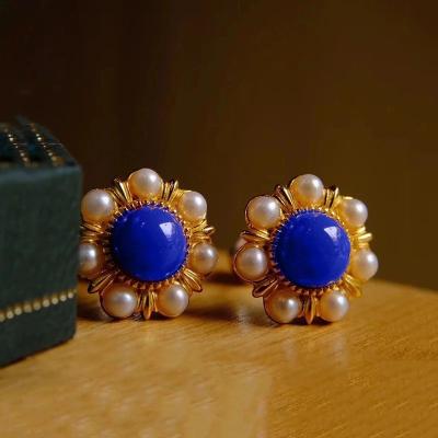 China Designer Gold CLASSIC original antique art inlaid pearl sun flower lapis lazuli earrings ladies silver jewelry new for sale