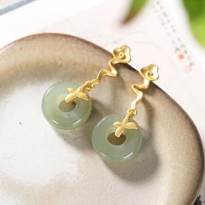 China Auspicious Unique Gold Chinese Style Jade Cloud Earrings Factory Hetian News Craft Charming CLASSIC Silver Inlaid Light Luxury Women's Jewelry for sale