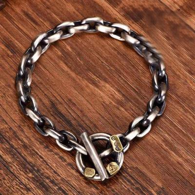 China Retro Long Male 925 Silver Handmade Motorcycle Alpine Thick Stop Light Ring Bracelet Heavy Wind Retro for sale