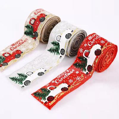 China Creative New Gift Christmas Decorations Car Ribbon Christmas Tree Printing Ribbon Dress Canvas Silk Color Strips for sale