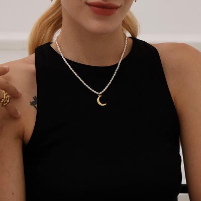 China CLASSIC Chain Stainless Steel Women Moon Necklace Natural Freshwater Pearl Beads Choker Pendant Jewelry for sale