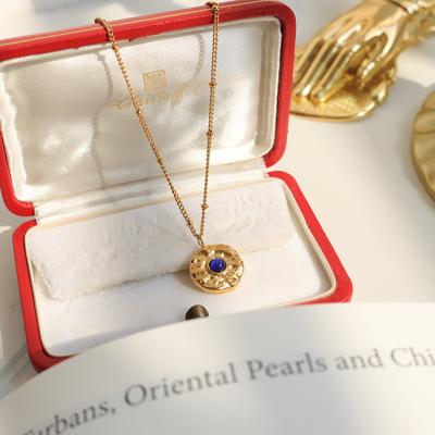 China Vintage Stainless Steel Seal Trendy Round Opal Cat Eye 18K Blue Gold Filled Jewelry Necklace for sale