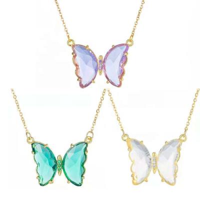 China Creative Jewelry CLASSIC Colorful Butterfly Pendant Glass Necklace Real 18k Gold Plated Stainless Steel Crystal New Clear For Women Gift for sale