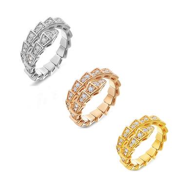 China Factory Wholesale Hiphop Micro Pave Vintage Zircon Fashion Jewelry Women Rings 18k Gold Plated Snake Shape Adjustable Ring for sale