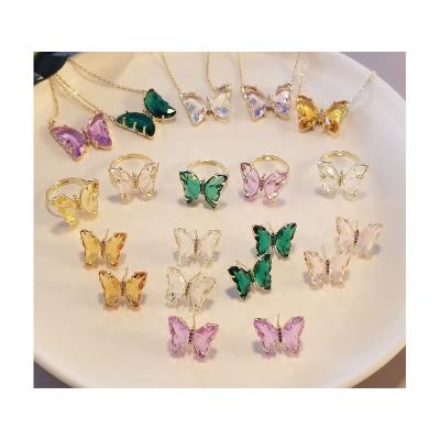 China Fashion TRENDY Wholesale Custom Cheap Gold Plated Multi Color Crystal Necklace Earrings Ring Butterfly Jewelry Set For Women Girls for sale