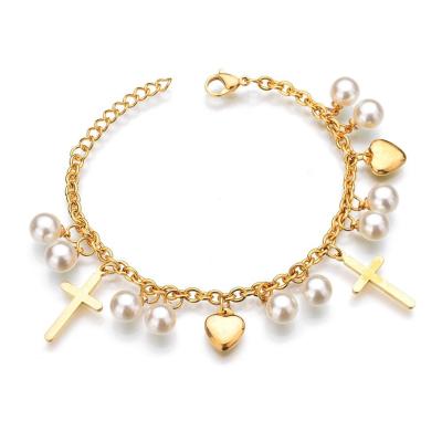 China Romantic Gold Stainless Steel Charm Bead Cross Hearts Layer Chain Bracelets For Women for sale