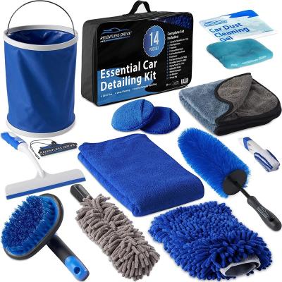 China Hot Sales Car Cleaing Amazon Car Cleaning Microfiber Car Wash Kit 14pcs Clean Car Detailing Set Tools With Bucket for sale