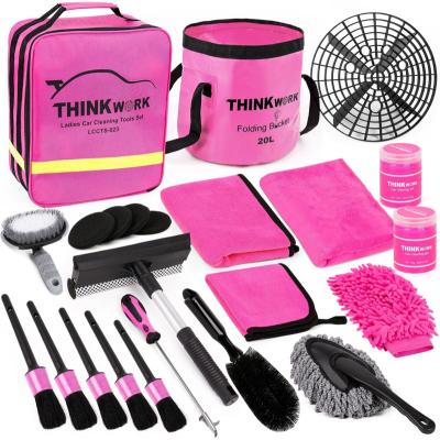 China Car Cleaing 2022 Hot Sales 23 Pcs Pink Car Cleaning Kit Set For Woman Car Wash Kit With Canvas Bag Cleaning Gloves Other Car Cleaning Tools for sale