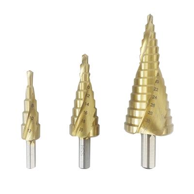 China 3PCS Metal Drilling Step Drill Bit Set Titanium Coated HSS Spiral Grooved Drill Bit With Automatic Spring Loaded Hex Shank Center Punch for sale