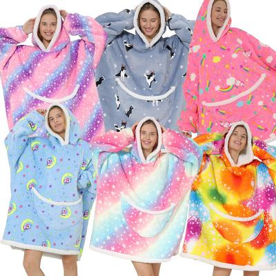 China New Arrival Wearable Fleece Puffy Glow Hooded Printed Jumbo Blanket for Kids and Adult Oversized Sherpa Hoodie Blanket for sale