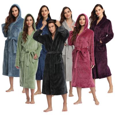 China Wearable Hooded Solid Color Loungewear Autumn and Winter Warm Plus Long Flannel Couples Nightgown Thick Bathrobes Pajamas for sale