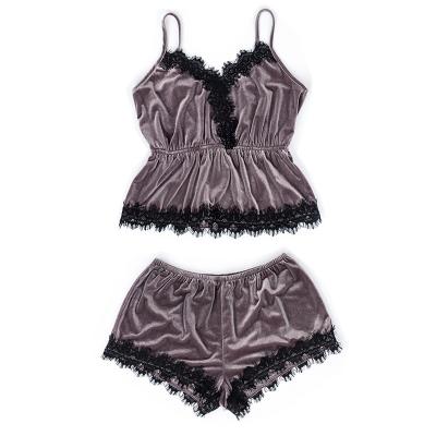 China QUICK DRY Korean velvet sexy sleeveless suspender shorts pajama set gold velvet lace spring summer fashion sleepwear for sale