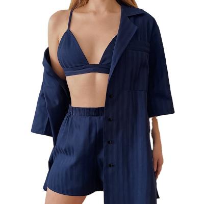 China QUICK DRY satin silk pajamas stripe three-piece set sexy and comfortable women's loungewear shorts shirt jacket suspender shorts for sale