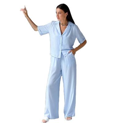 China New QUICK DRY Summer Long Pants Short Sleeve Pajamas Set Casual Loose Ladies Outdoor Wear Housewear Women Loungewear Blue for sale