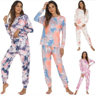 China QUICK DRY Autumn Winter Women Pajamas Set Loungewear New Tie Dye Crewneck Sheath Long Pants Two Piece Set Housewear for sale