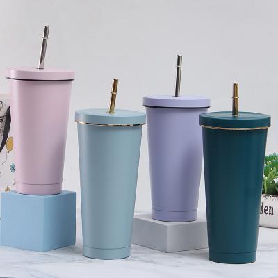 China Sustainable 304 stainless steel vacuum thermos cup creative handle straw coffee cup portable handy gift water cup for sale