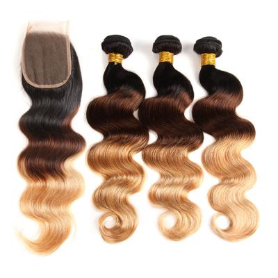 China Wholesale Fast Shipping 100% Body Wave Factory Cuticle Virgin Brazilian Ombre Hair Bundles Full With Lace Closure for sale