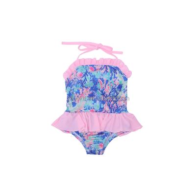 China Summer Casual Girls Lace Up Pink Lotus Seaweed Pattern Children's One-Piece Swimsuit Swimwear for sale