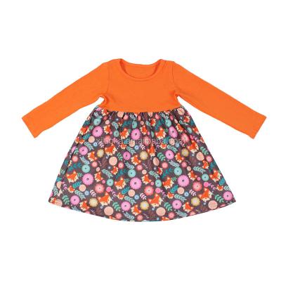 China 2021 Viable Wholesale Children's Dress Design Long Sleeve Soild Orange Color And Floral Pattern Dress for sale