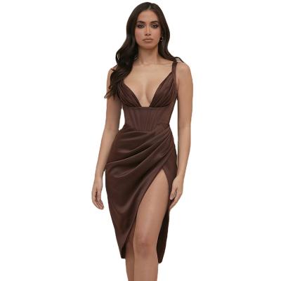 China New fashion sling V sexy solid pleated evening dress temperament anti-static deep brown elegant dress for sale