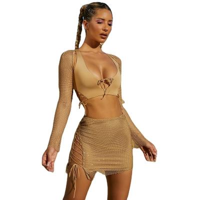 China QUICK DRY solid color bandage dress 2022 new summer ladies set women's casual dress skirt skirt two-piece set for sale