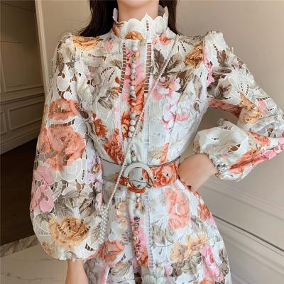 China 2022 Fashions New Mini Skirt Color Anti-static Floral Hollow Pleated Puff Sleeve Dress for sale