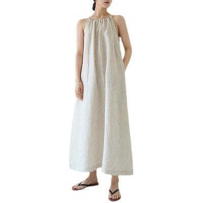 China Custom Made Elegant Fashion Sleeveless Loose Casual 100% Canvas Anti-Static Ladies Maxi Dress For Women for sale