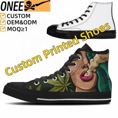 China Fashion Trend OEM 1 MOQ Printed Customized Logo Vulcanized Sneakers Rubber Sole High Top Canvas Trendy Casual Shoes for Men Canvas Trendy Shoe for sale