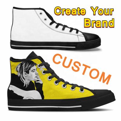 China Cushioning Custom Brand Canvas Trendy White Sneakers Vulcanized Shoes Rubber Sole High Top Custom Shoes Canvas Shoes For Men And Women for sale