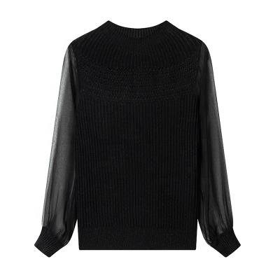 China High Quality Wool Blend Yarn Knitwear Women's Anti-pilling Crewneck Chiffon Lantern Sleeve Sweater for sale