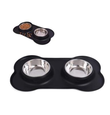 China Non Slip Stainless Steel Pet Stocked Feeding Bowl With Non Slip Silicone Tray Mat for sale