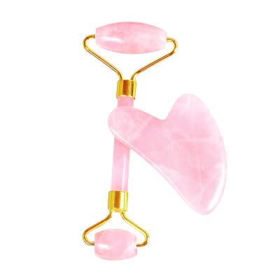 China Hot Selling Natural Face Lift Heart Shape Guasha Board Rose Quartz Jade Roller Set for sale