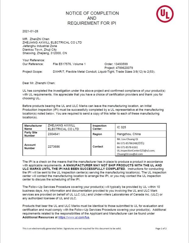 liquid tight metal flexible UL certificate - Hangzhou lianli electrical co,. ltd.