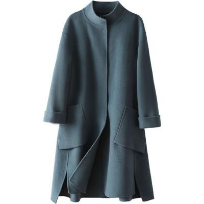 China 2021Autumn Reversible and Reversible Coat Women's Reversible Cashmere Winter Coat Mid Length Solid Color Round Neck Woolen Coat for Women for sale