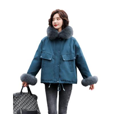 China New breathable women's clothes2021Winter cotton-padded short cuff cotton Fox big fur collar small plus velvet parka for sale