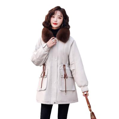 China Fox fashion new parka women2021Winter waist warm cotton fleece lined mid length coat large viable fur collar for sale