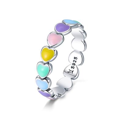 China Custom Rings 925 Sterling Silver Ring For Women Ladies Ring Colorful Eenamel Heart Rainbow Fashion CLASSIC for sale