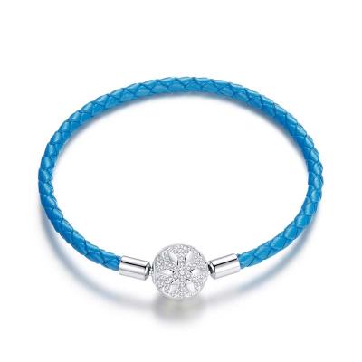 China Romantic Women 925 Sterling Silver Round Clasp Dazzling CZ Leather Bracelets For Women Sterling Silver Jewelry for sale