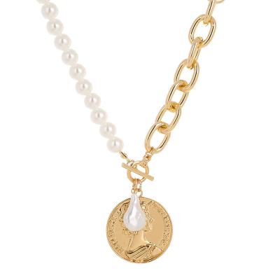 China Punk Fashion Freshwater Pearl Necklace Set 18k Gold Link Chain Necklace Pearl Coin Pendant Necklace for sale