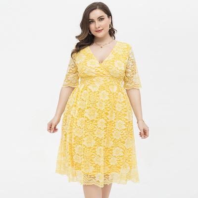 China Viable Hot Sale Yellow Elegant Lace Doubledudu Half Sleeve Casual Outfits Plus Size Women Summer Dresses for sale