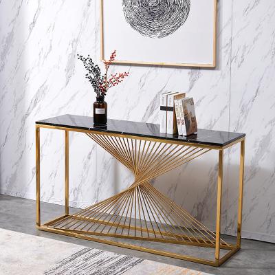 China Stainless Steel Gold Plated Frame Extendable Favor Price Chipboard Stone Console Tables For Modern Design Home for sale