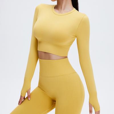 China New Women's Yoga Clothing Wholesale New Long Sleeve Tight Nude Tight Fitness Short Seamless Sports Top Women for sale