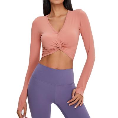 China New QUICK DRY Open Fold Belly Button Yoga Clothes Women Long Sleeve Fitness Nudity Clothing Crop Tops V Neck Long Sleeve for sale