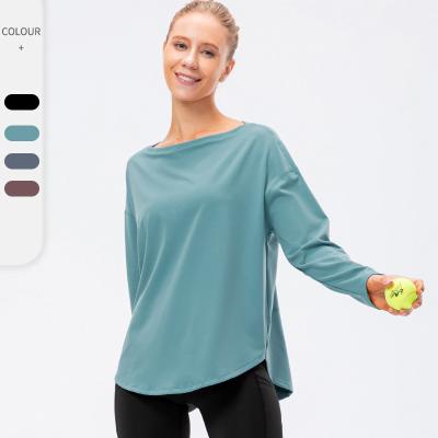 China Antibacterial Women's Antibacterial Long Sleeve Bare Neck Double Sided Boat Nylon Loose Running Fitness Yoga Training T-Shirt for sale