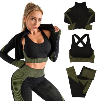 China New Breathable Seamless Yoga Suit Autumn And Winter Knitted Hip Lifting Elastic Workout 3 Pieces Set Women for sale