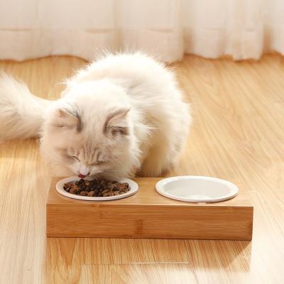 China Ceramic Pet Bowl Bamboo Cat Bowl Amazon Double Bowl Dining Table Drinking Dog Bowl Grain Bowl Wooden Cat Bowl for sale