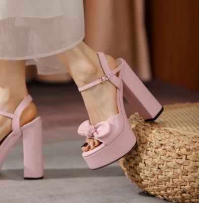 China Fashion Trend Yanzhiyu Bow Tie Chunky Square Heel Buckle Singback Design Even Madame Pink White Platform Sandals Shoes Brand Stylish Shoes for sale