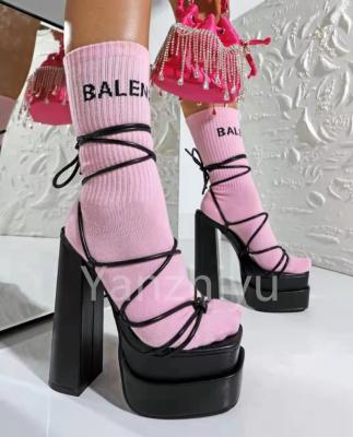 China Brand New Sexy Party Wedding Shoes Elegant Chunky High Heels Pumps Platform Sandals Women Fashion Trend Shoes Cross Lace Up Female Sandals 2022 for sale